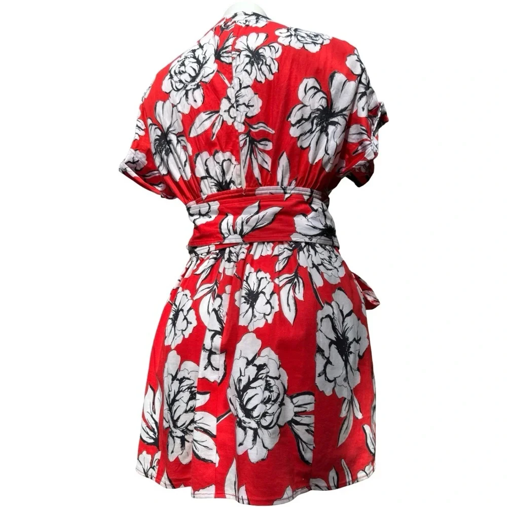 Marissa Webb Luciano Print Mini Wrap Dress Red Floral Belted Kimono Sleeve S